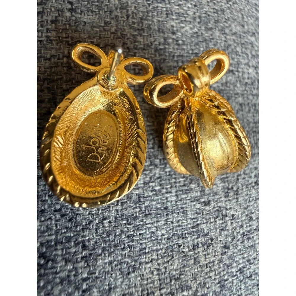 Joan Rivers Signed Vintage Gold Tone Faberge‎ Egg Bow Earrings